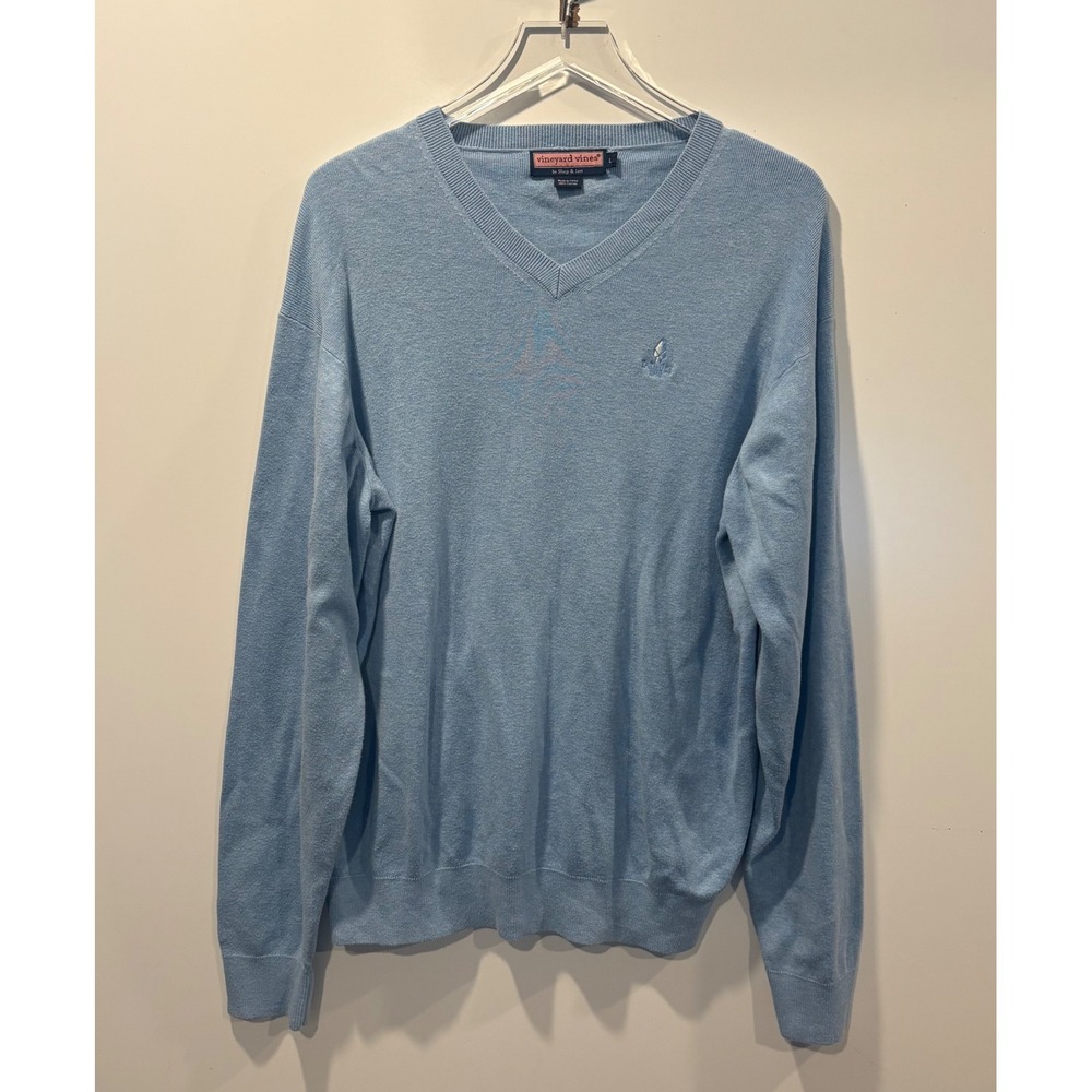 Vineyard Vines By Shep & Ian Light Blue Cotton V Neck Sweater Mens Size Large
